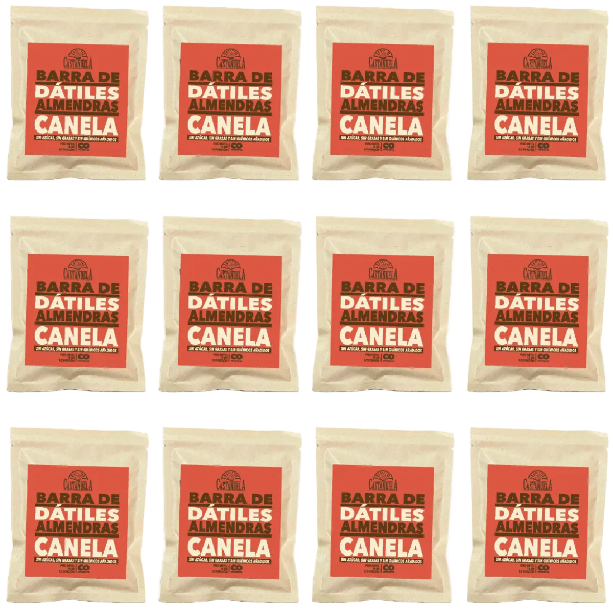 Pack de 12 barras de dátiles, almendras y canela Castañuela, 15 g c/u, 100% natural, sin azúcar ni químicos