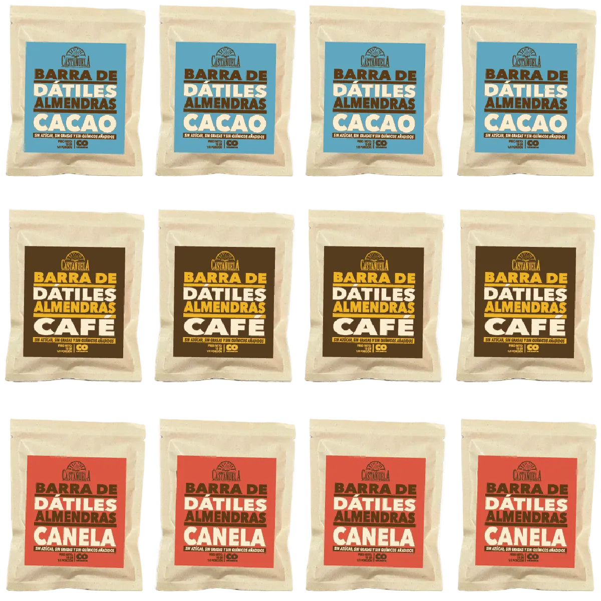 Pack surtido de 12 barras de dátiles, almendras y nueces Castañuela: cacao, café y canela, 15 g c/u, 100% natural