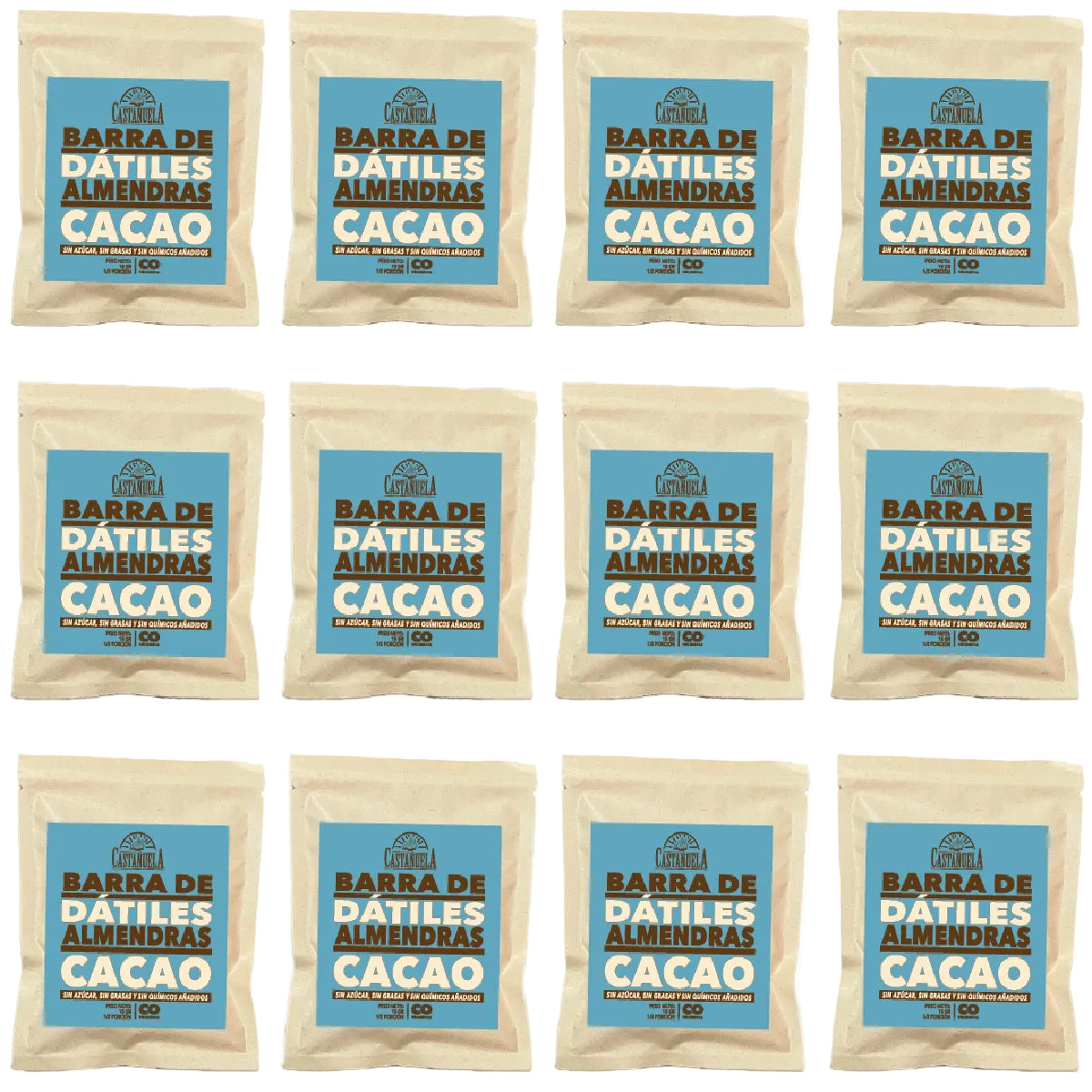 Pack de 12 barras de dátiles, almendras y cacao Castañuela, 15 g c/u, 100% natural, sin azúcar ni químicos