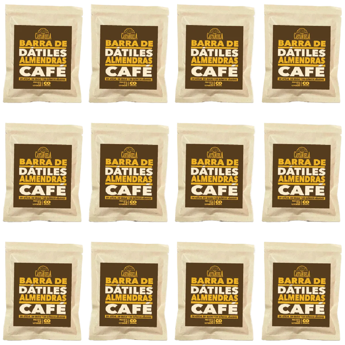 Pack de 12 barras de dátiles, almendras y café Castañuela, 15 g c/u, 100% natural, sin azúcar ni químicos