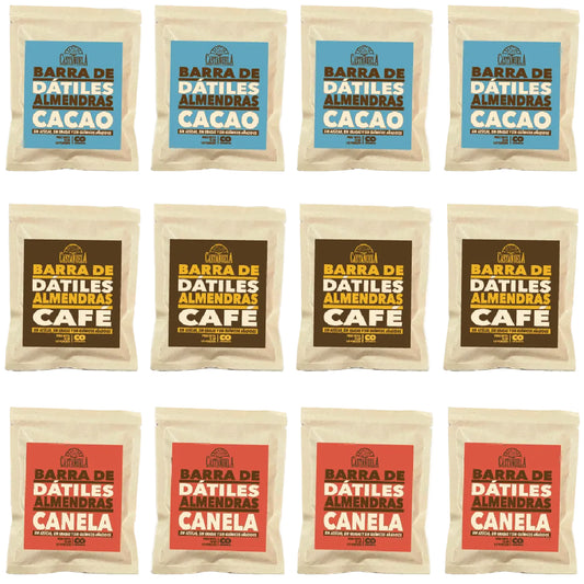Pack surtido de 12 barras de dátiles, almendras y nueces Castañuela: cacao, café y canela, 15 g c/u, 100% natural