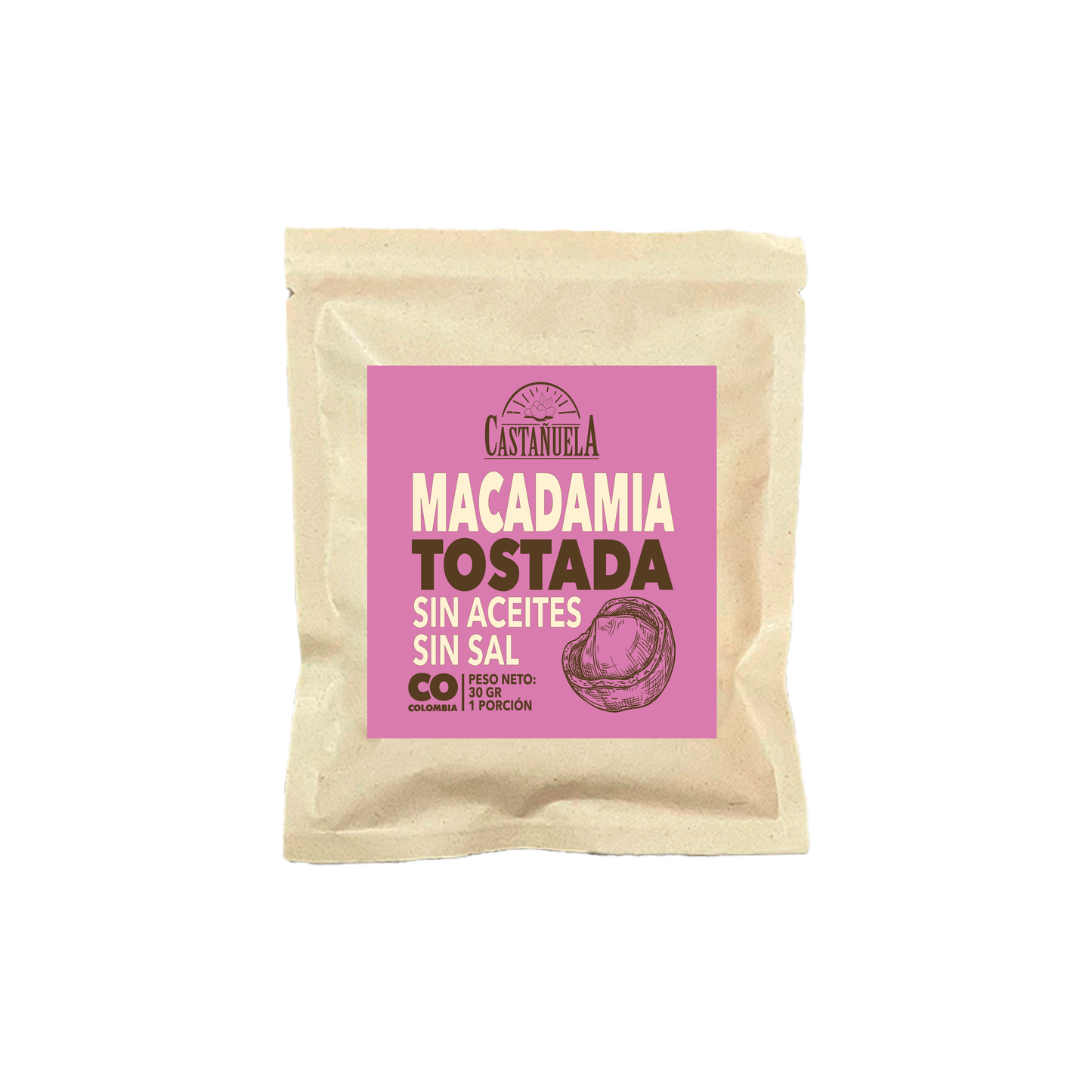 Snack individual de macadamia tostada Castañuela, 30 g, sin aceites ni sal, 100% natural